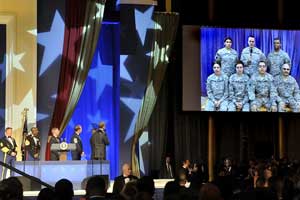 President Obama speaks with troops in Kabul at the Commander-in-Chief Inaugural Ball