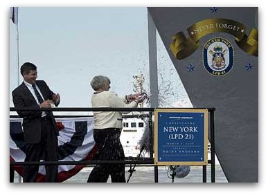 USS New York (LPD-21) is christened by Mrs. Dotty England