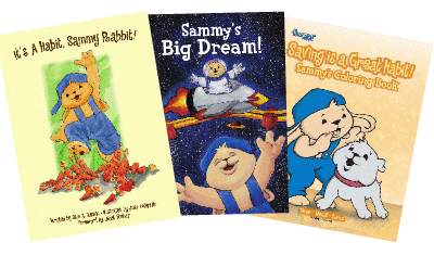 Sammy Rabbit teaches money management for kids with these books and coloring books.